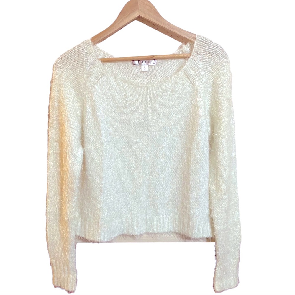 Decree White Eyelash Crop Raglan Sleeve Sweater L